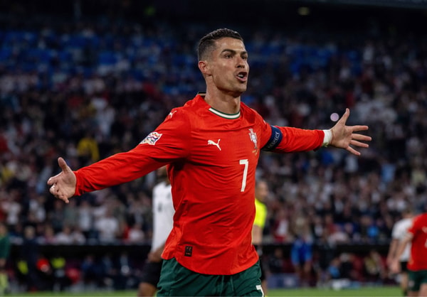 Cristiano Ronaldo celebrates scoring for Portugal against Germany in the 2025 Nations League finals