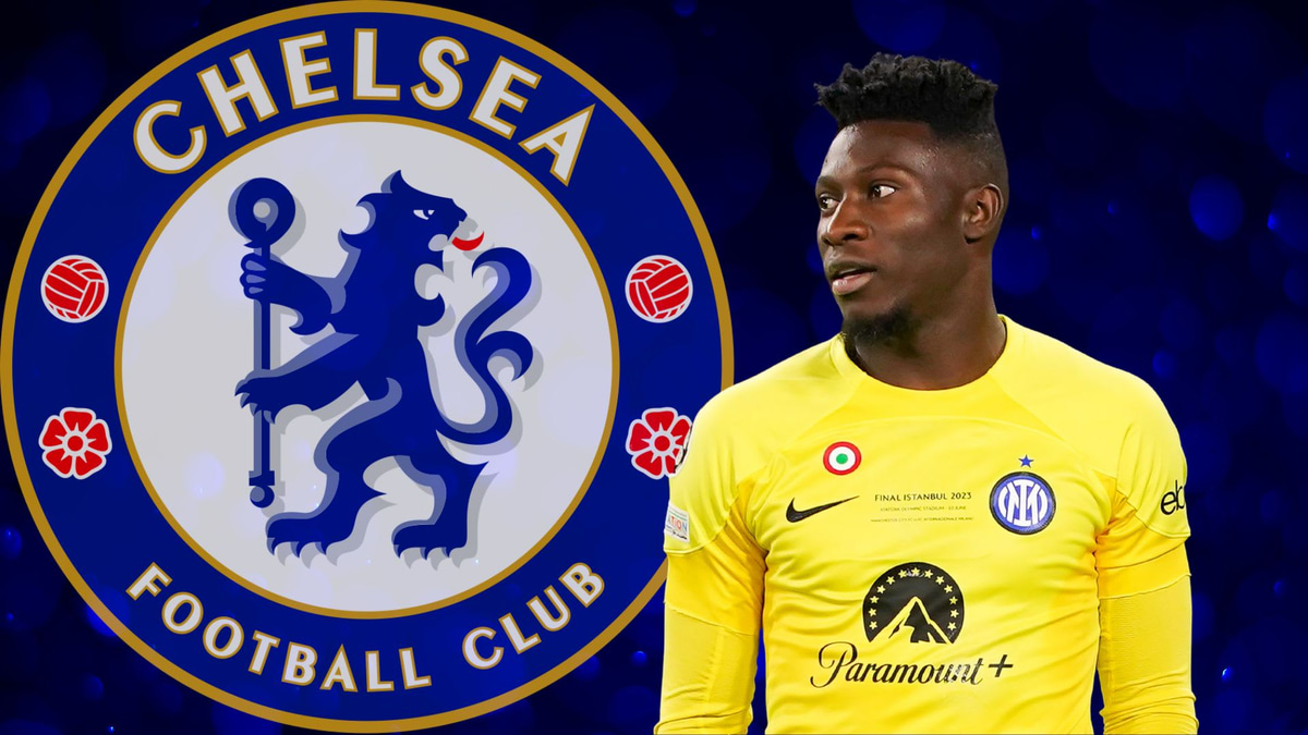 Andre Onana with the Chelsea badge, set against a blue abstract background