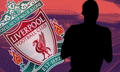 The Liverpool badge next to a white silhouette of Youri Tielemans, set against a backdrop of a panorama of Anfield in red