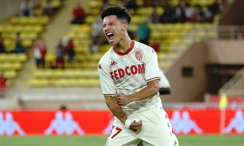 Sofiane Diop celebrates scoring for Monaco in Ligue 1