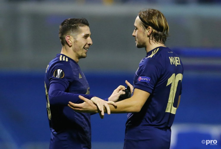 Lovro Majer celebrates with Lirim Kastrati as Dinamo Zagreb impressed in the Europa League