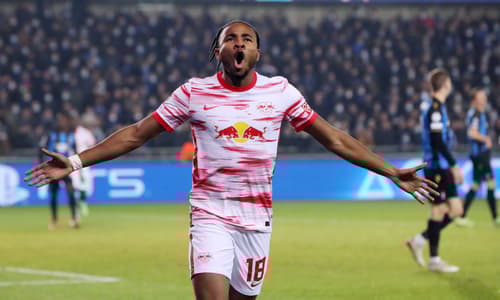 Christopher Nkunku celebrates scoring of RB Leipzig, 2021/22