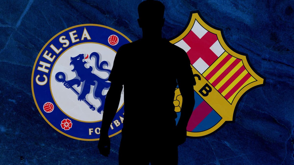 A silhouette of Ivan Fresneda, and the Chelsea and Barcelona badges on a blue abstract background