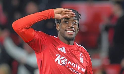 Anthony Elanga celebrates scoring against Man Utd for Nottingham Forest in the Premier League, 2024/25