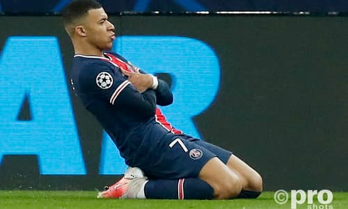 Kylian Mbappe celebrates scoring against Barcelona for PSG in the Champions League, 2020/21