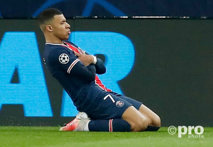 Kylian Mbappe celebrates scoring against Barcelona for PSG in the Champions League, 2020/21