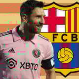 Lionel Messi and the Barcelona badge, on a background of a faded Catalan flag