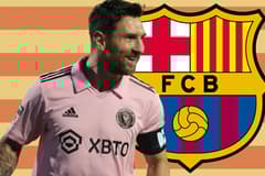 Lionel Messi and the Barcelona badge, on a background of a faded Catalan flag