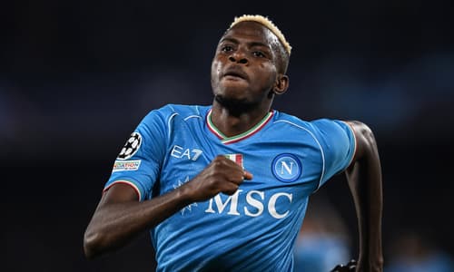 Victor Osimhen celebrates scoring for Napoli against Barcelona in the Champions League