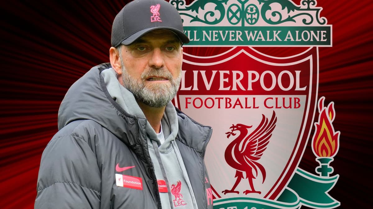 Jurgen Klopp and the Liverpool badge on a red and black abstract background