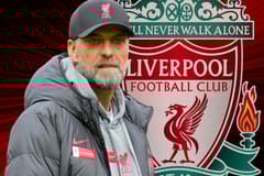 Jurgen Klopp and the Liverpool badge on a red and black abstract background