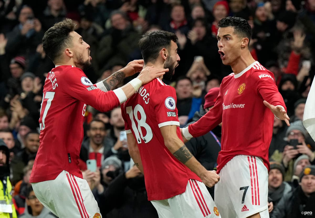 Cristiano Ronaldo and Manchester United players celebrate a goal in the 3-2 win over Arsenal