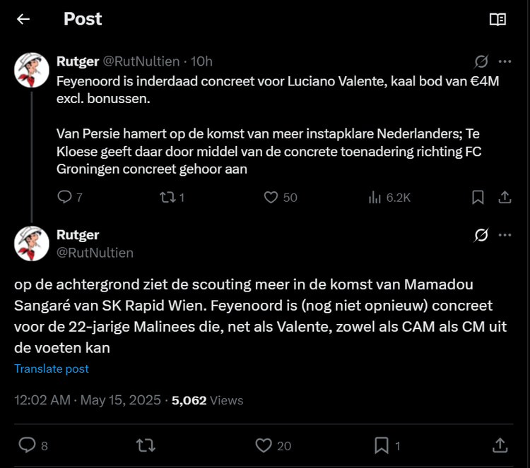 Rutger Vinke deelt op zijn X-account details over de perikelen rond Luciano Valente en Feyenoord