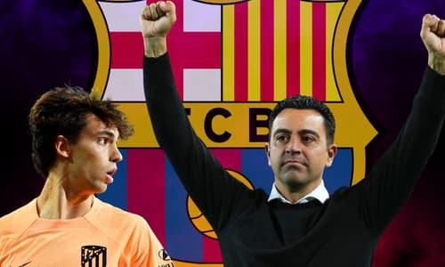Xavi, Joao Felix and the Barcelona badge on a blue and red smoky background