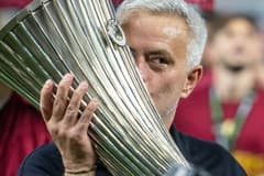 Jose Mourinho celebrates winning the Conference League with Roma