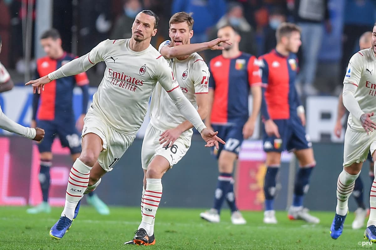 Zlatan Ibrahimovic celebrates scoring for AC Milan against Genoa in Serie A