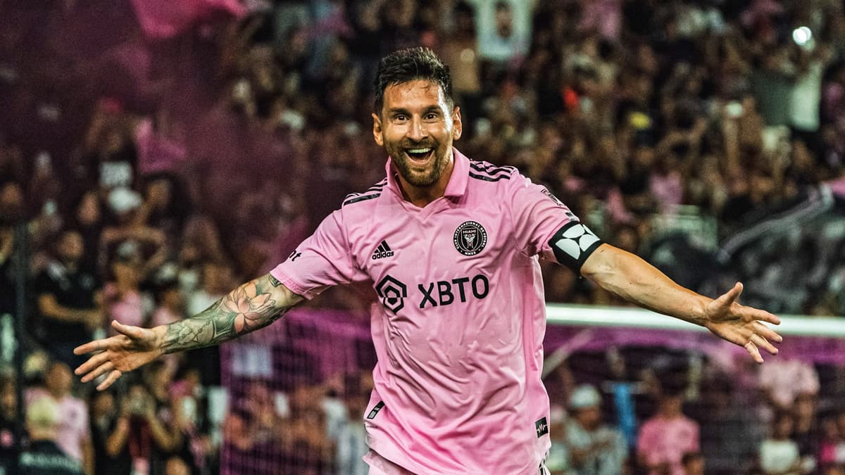 Lionel Messi celebrates his goalscoring debut for Inter Miami