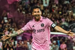 Lionel Messi celebrates his goalscoring debut for Inter Miami