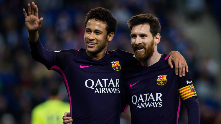Neymar (left) with Lionel Messi (right) at Barcelona