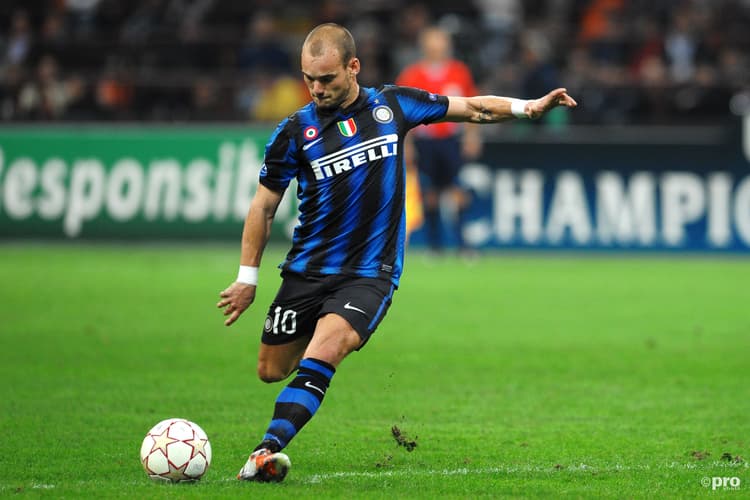 Wesley Sneijder shoots for Inter in a Champions League match against Werder Bremen at San Siro in 2010