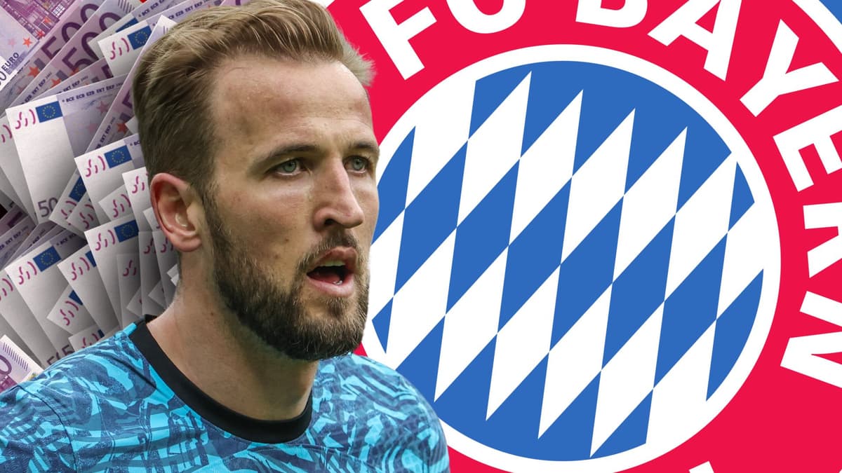 Harry Kane in front of a background of 500 euro notes and the Bayern Munich badge