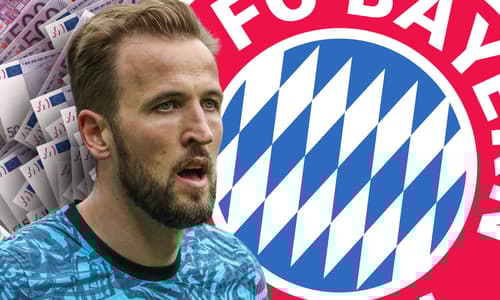 Harry Kane in front of a background of 500 euro notes and the Bayern Munich badge