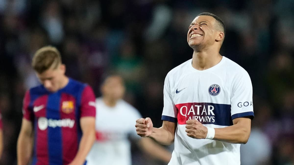 Kylian Mbappe celebrates for PSG against Barcelona in the Champions League, 2023/24