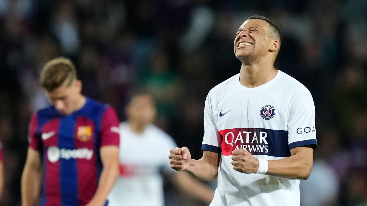 Kylian Mbappe celebrates for PSG against Barcelona in the Champions League, 2023/24