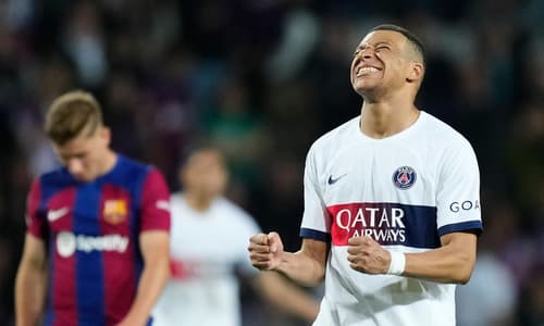 Kylian Mbappe celebrates for PSG against Barcelona in the Champions League, 2023/24