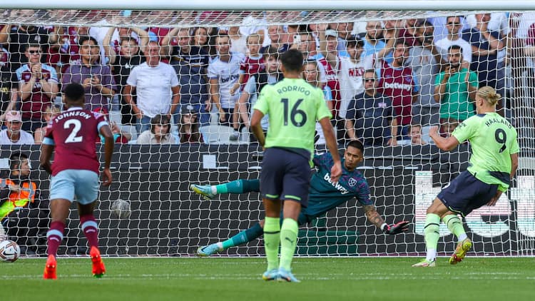 Haaland scored his first Man City goal from the penalty spot against West Ham