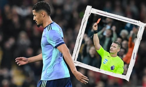 William Saliba is sent off during Arsenal's Premier League clash with Bournemouth by referee Rob Jones