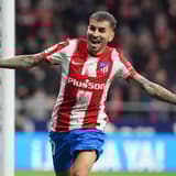 Angel Correa celebrates a goal for Atletico Madrid in LaLiga Santander.