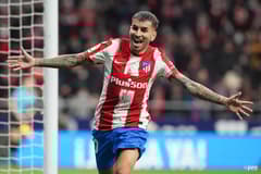Angel Correa celebrates a goal for Atletico Madrid in LaLiga Santander.
