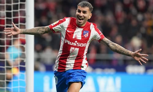 Angel Correa celebrates a goal for Atletico Madrid in LaLiga Santander.