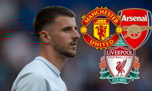 Mason Mount with the Manchester United, Arsenal and Liverpool badges