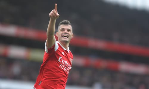 Granit Xhaka celebrates scoring against Crystal Palace