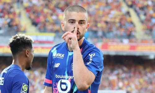 Lille's Edon Zhegrova celebrates scoring against Lens in Ligue 1