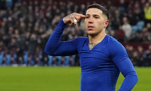Chelsea's Enzo Fernandez celebrates scoring against Aston Villa in the FA Cup, 2023/24