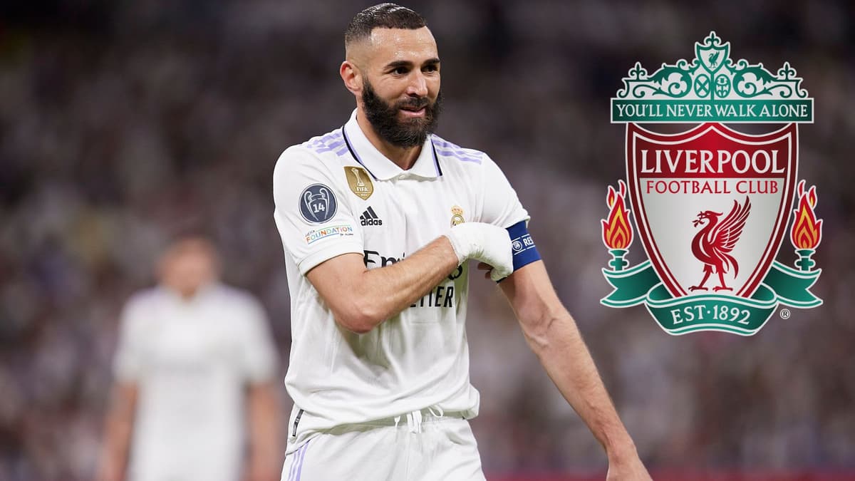 Karim Benzema of Real Madrid next to the Liverpool badge