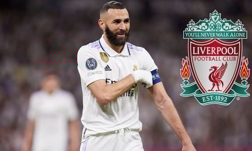 Karim Benzema of Real Madrid next to the Liverpool badge