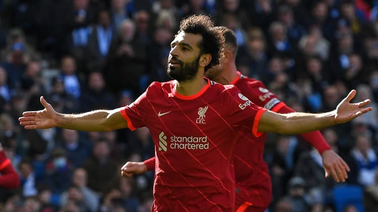 Mo Salah celebrates scoring against Brighton for Liverpool