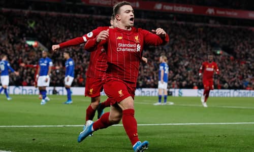 Xherdan Shaqiri celebrates scoring against Everton for Liverpool