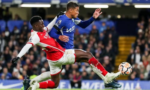Thiago Silva and Eddie Nketiah challenge during Chelsea vs Arsenal, 2023/24