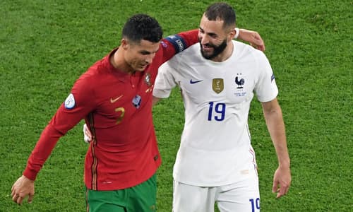 Cristiano Ronaldo and Karim Benzema playing for Portugal and France.