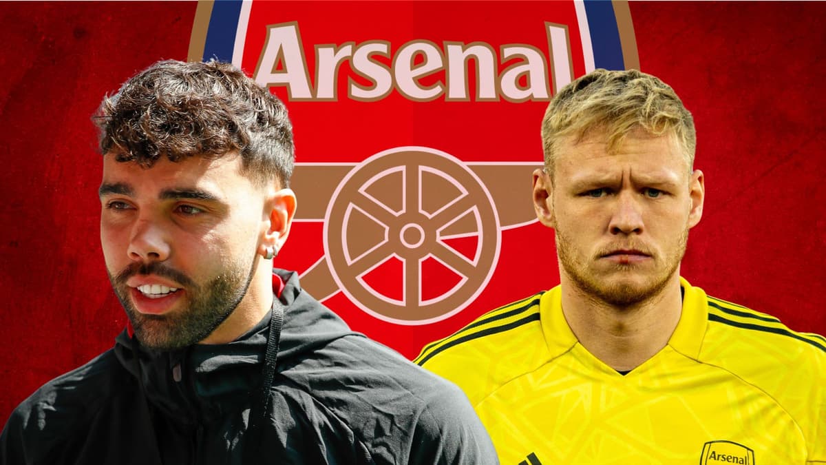 David Raya, Aaron Ramsdale and the Arsenal badge on a red abstract background