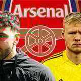David Raya, Aaron Ramsdale and the Arsenal badge on a red abstract background