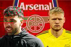 David Raya, Aaron Ramsdale and the Arsenal badge on a red abstract background