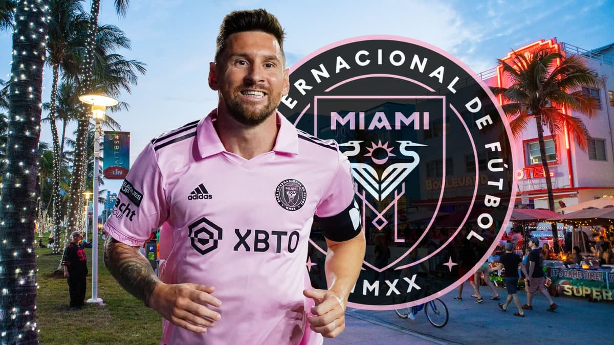 Lionel Messi and the Inter Miami badge in front of a street scene from Miami