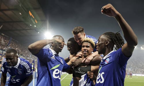 Andrey Santos celebrates scoring the winning goal against Metz for Strasbourg