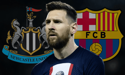 Lionel Messi of PSG with the Newcastle and Barcelona badges